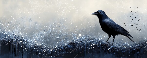 Raven on a misty hill