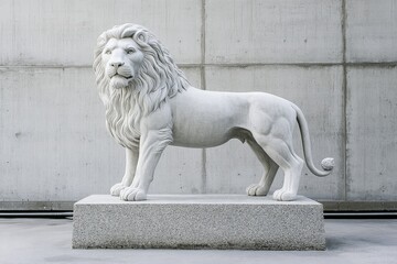 Elegant stone lion sculpture against a gray concrete wall.
