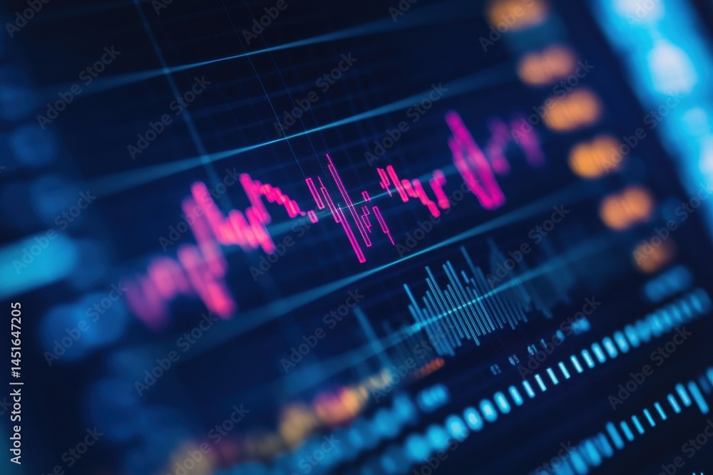 Aufkleber financial market data displayed on a blue screen with red and orange charts and graphs representing 