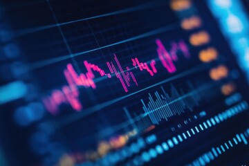 Financial Market Data Displayed on a Blue Screen with Red and Orange Charts and Graphs Representing Investment Trends and Economic Analysis