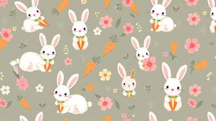 Naklejka premium Adorable Easter Bunnies with Carrots and Flowers Seamless Pattern