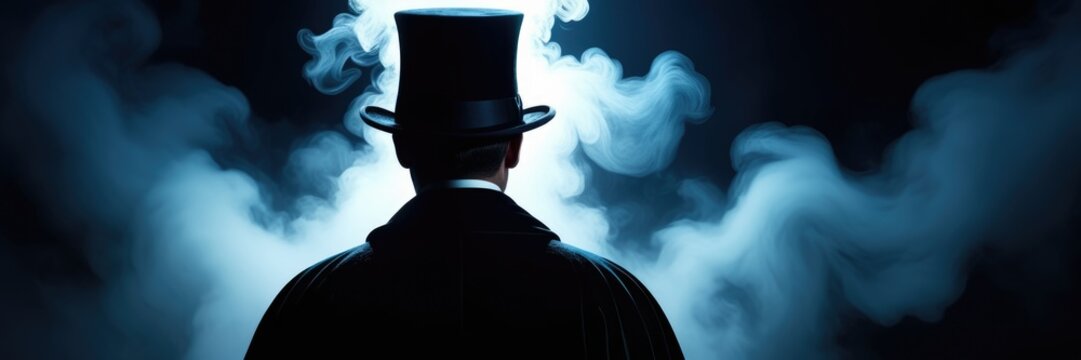Mysterious silhouette of man in top hat surrounded by dramatic smoke and vivid lighting