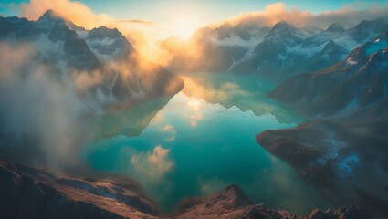 Fototapeta premium Still Mountain Lake Reflects the Sky with Snowy Peaks and Mist