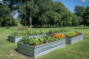 Metal raised garden beds filled with vibrant vegetables and flowers in a park setting. Lush green grass surrounds the beds, with mature trees in the background