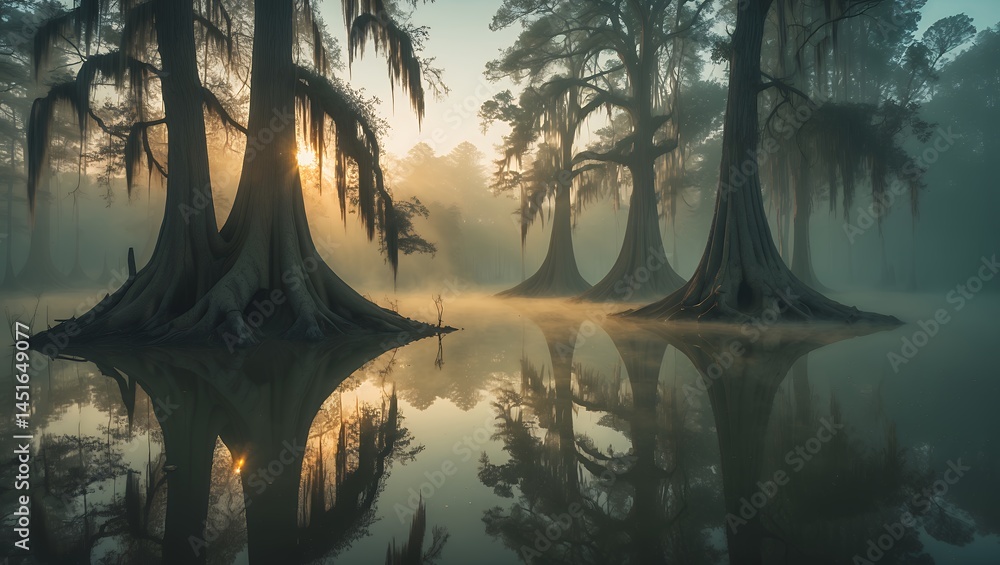 Poster trees standing in foggy water reflecting light creating a mysterious scenery