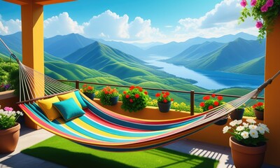 Obraz premium Tranquil hammock retreat overlooking lush green mountain landscape with lake view