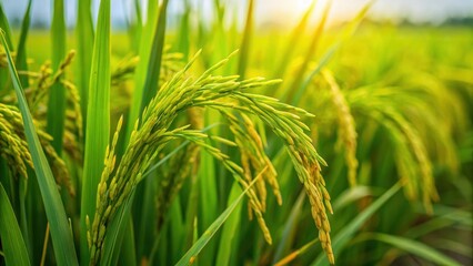 Close-up of green rice plant in a paddy field in India , rural scene, crop growth,  rural scene