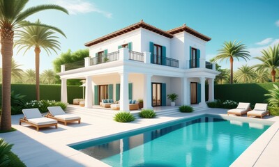 Fototapeta premium Luxurious mediterranean villa with pool and palm trees under a clear blue sky