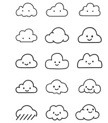 Obraz premium Adorable Kawaii Cloud Icons Perfect for Kids Designs, Stickers, and Weather Apps