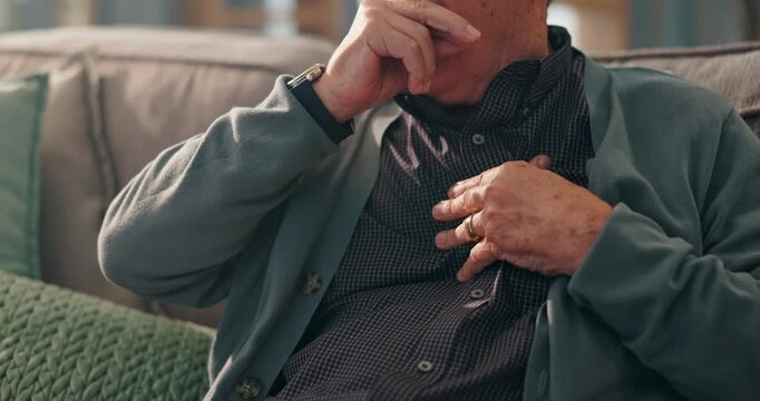 Home, old man and hands with cough for chest pain, cardiac symptoms and heart attack signs in retirement. Sofa, senior person and discomfort with respiratory illness, viral infection and tuberculosis