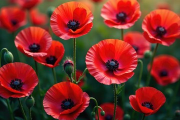 Bold crimson poppies in dense, stylized repeat , repeat, vibrant