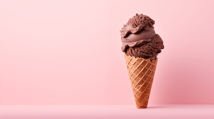 Close up of chocolate ice cream cone isolated on light pink background with text space.