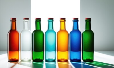 Colorful spectrum of glass bottles against a bright background
