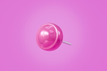 3d Sweet cute pink lollipop for child icon on stick in cartoon style. sweet candy. Single glossy green round candy on blue background. Minimal candy lollipop creative style for web design. 3d render