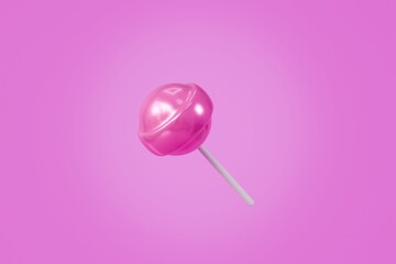 3d Sweet cute pink lollipop for child icon on stick in cartoon style. sweet candy. Single glossy green round candy on blue background. Minimal candy lollipop creative style for web design. 3d render