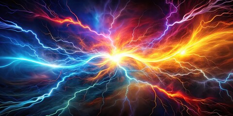 Obraz premium A vibrant lightning illuminates a dark abstract background with swirling shapes and colors, dynamic composition, vibrant lightnings