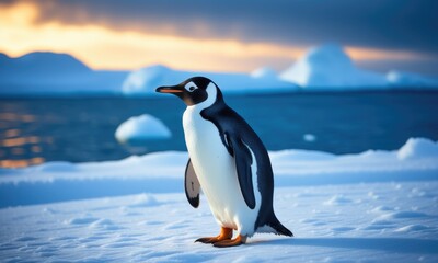 Fototapeta premium Gentoo penguin in antarctica at sunset: stunning arctic wildlife scene