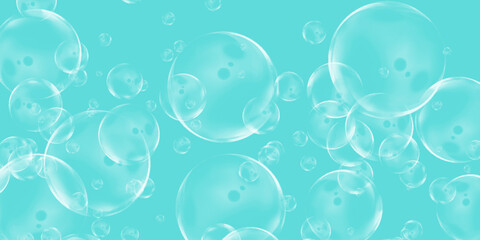Transparent Floating Bubbles on Dark Teal Background. Abstract 3D Render. Abstract Bubbles Design for Modern Digital Use