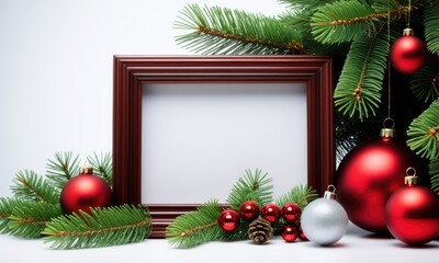 Festive christmas frame with red and silver ornaments and evergreen branches