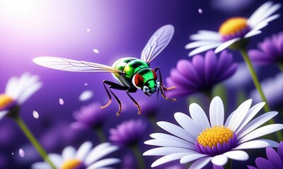 Vibrant green beetle hovering above purple and white daisies in sunlit spring bloom