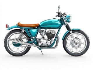 Teal Vintage Motorcycle with Brown Leather Seat on White Background