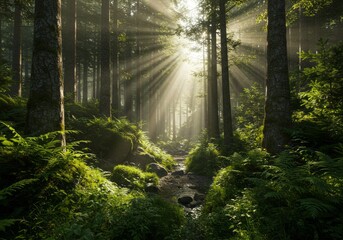 Obraz premium Sunlit forest with a stream, tall trees, and lush greenery.