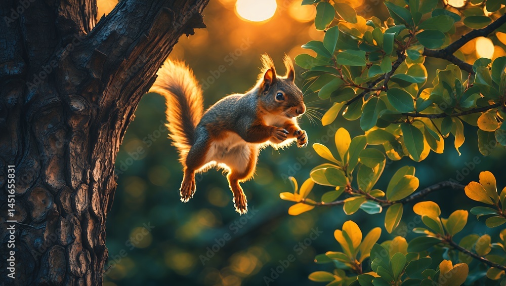 Poster squirrel leaping from tree branch with sunlight filtering through leaves