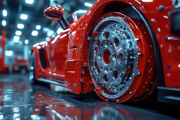 Red sports car wheel assembly.