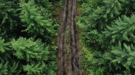 The muddy tire track winding through the forest reflects the silent impact of human activity on natural ecosystems, leaving behind marks of disruption.
