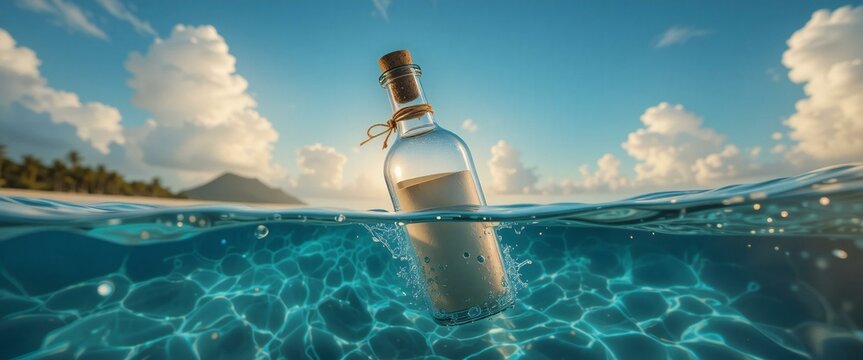 Glass Bottle with Rolled-up Piece of Paper Floating on Ocean.