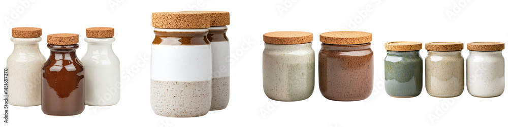 Poster a collection of ceramic jars and bottles for storage and display. long_title:an assortment of variou