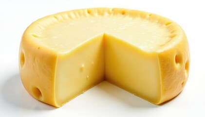 Artisan cheese wheel, creamy texture, white background, cheese, macro, culinary