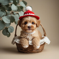 Adorable Puppy in Basket Wearing Hat – Cute Pet Photo for Lovers of Dogs