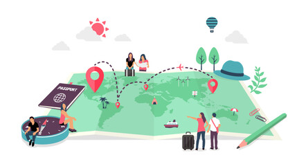 Vector illustration of a large world map and tourists