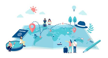 Vector illustration of a large world map and tourists