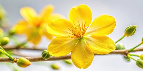 Fototapeta premium Close-up of bright yellow Ochna integerrima flower with delicate petals and intricate details, set against a soft white background , ochna integerrima, close-up