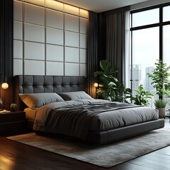 Modern bedroom, city view, plants, dark decor, luxury interior design, home staging