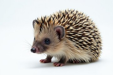 Fototapeta premium Close-up of hedgehog, spines visible, pure white backdrop, white, hedgehog, light