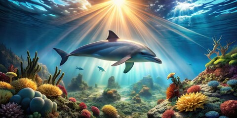 Obraz premium A dolphin swimming closely underwater on a coral reef with sunlight passing through the water creating shimmering effects, marine life, fish