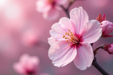Delicate pink cherry blossoms, soft petals, full bloom, intricate detail, flora, pink