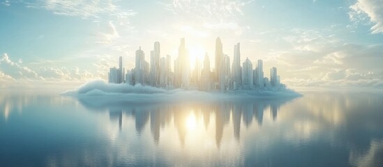 Fototapeta premium Sunrise over a futuristic city on a cloud island.