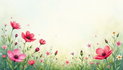 Delicate watercolor wildflowers, soft pastel hues, meadow scene, pastel, design, purple