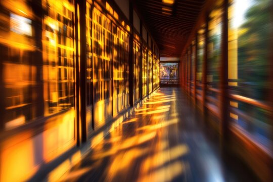 Golden sunlit path through ancient temple corridor