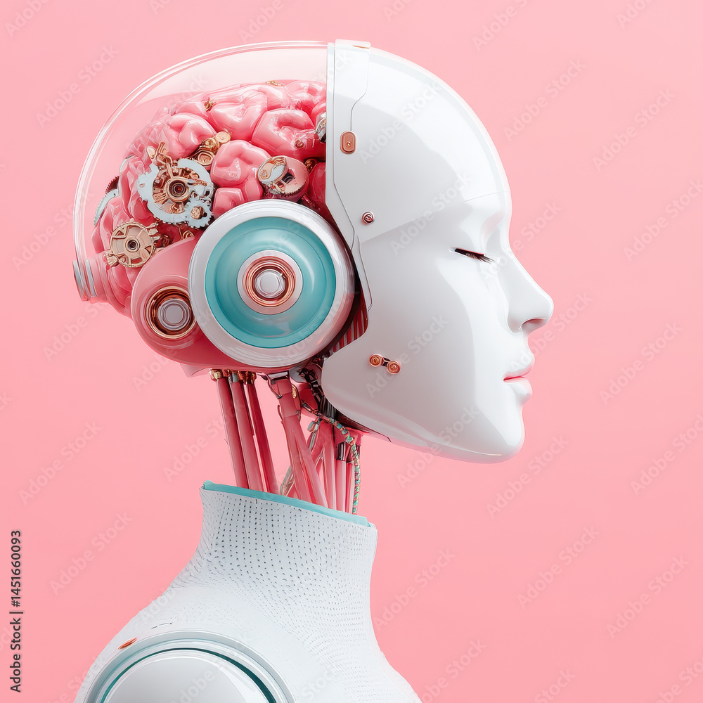 Poster futuristic robot with transparent head showcasing pink brain and mechanical gears, set against soft 