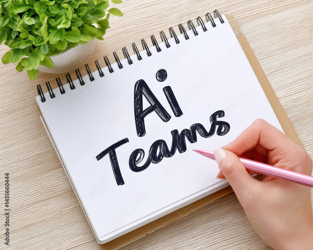 Poster notebook with ai teams written on it, showcasing creativity and collaboration in technology. hand ho