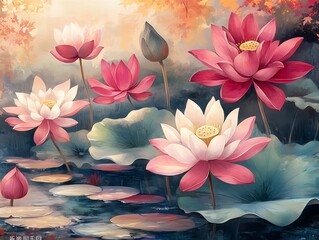 Pink and White Lotus Flowers in Pond
