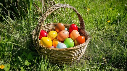 Colorful Easter eggs inside a wicker basket in the midst of vibrant green grass