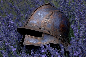 Antique helmet amidst lavender field. Aged metal, intricate details, historical
