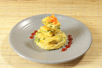 Steamed vegetable egg dish. steamed egg restaurant dishes