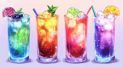 Artistic watercolor illustration depicting refreshing cocktails with vibrant hues and creative decorations